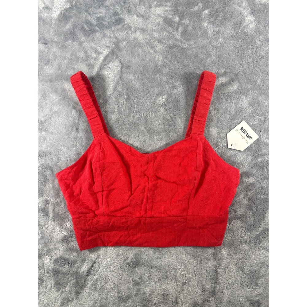 Monteau Los Angeles Red Linen Blend Cropped Tank Top Sweetheart Back Cutout M